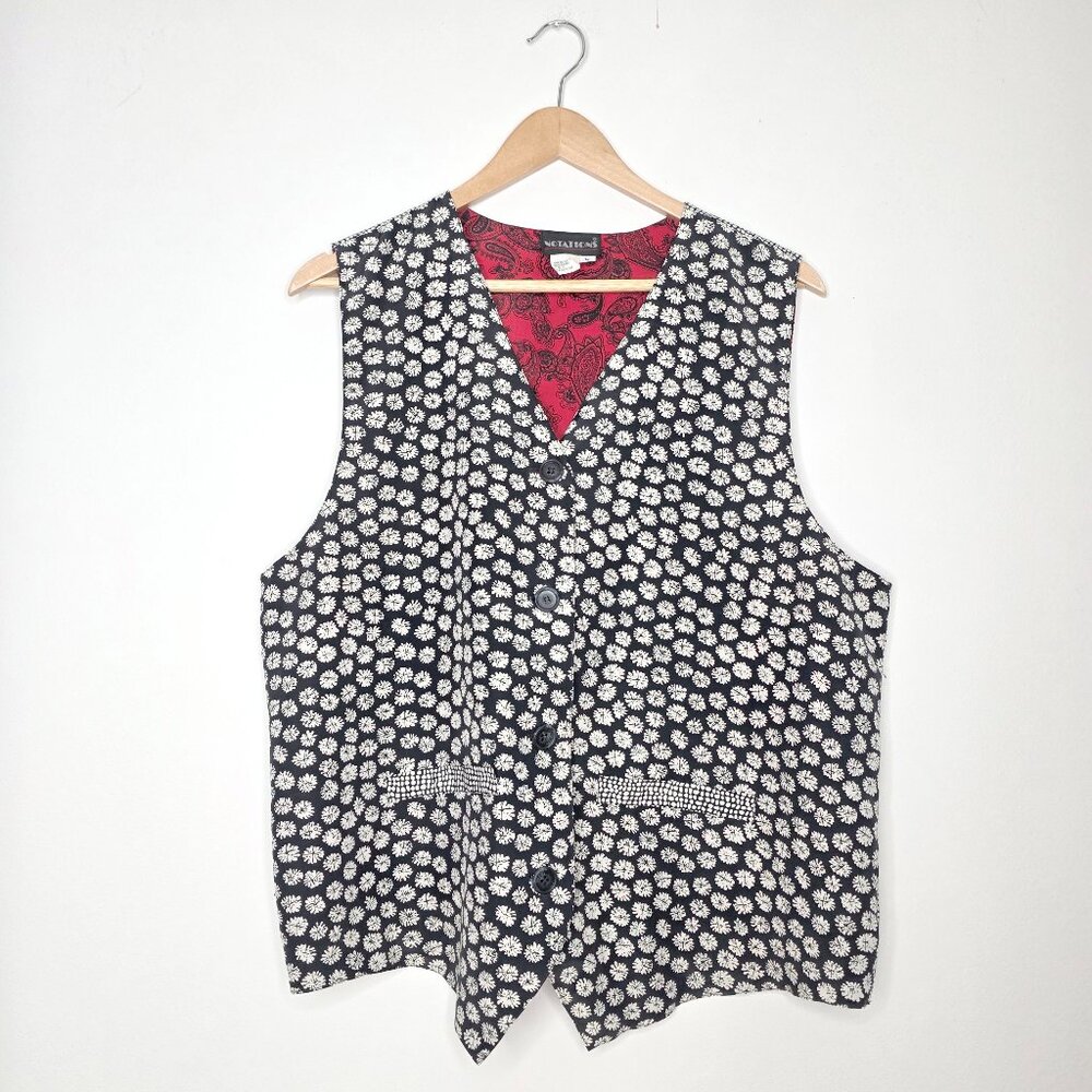 Notations Black White Daisy Floral Vest Red Paisley Lining Adjustable Back Large